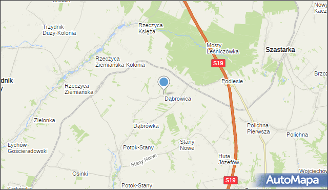 mapa Dąbrowica, Dąbrowica gmina Potok Wielki na mapie Targeo